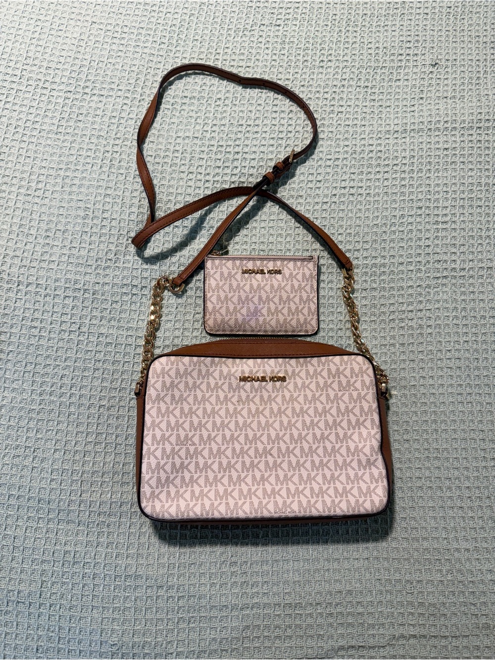 Michael Kors Jet Set Large Logo Print Woven Crossbody Bag Purse w/ wallet - Picture 4 of 11